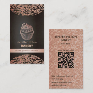 Vintage elegant cupcake damask bakery QR code Business Card