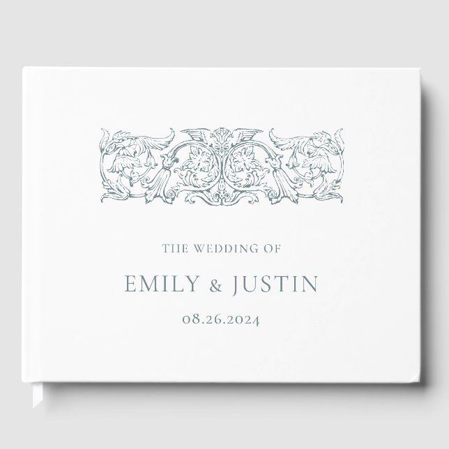 Vintage Elegant Dusty Blue Baroque Wedding Guest Book (Front)