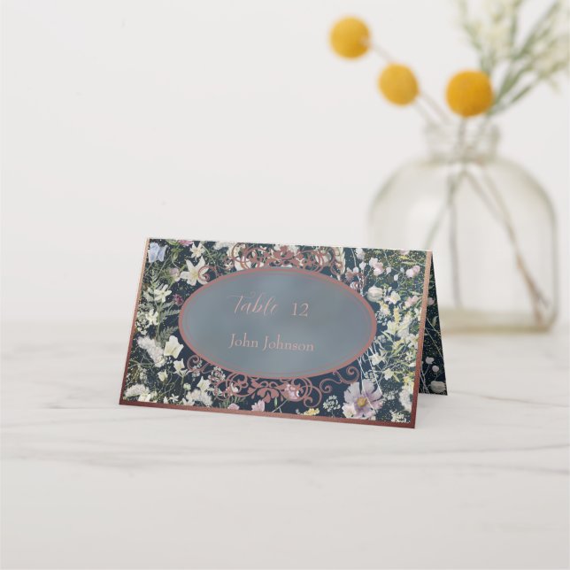 Vintage Elegant Dusty Blue Floral Place Card (Front)