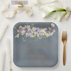 Vintage Elegant Dusty Blue Floral Wedding Paper Plate