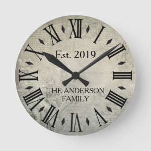 Vintage Elegant Family Name Roman Numeral Rustic Round Clock