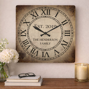 Vintage Elegant Family Name Roman Numeral Rustic  Square Wall Clock