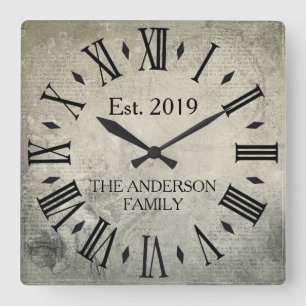 Vintage Elegant Family Name Roman Numeral Rustic Square Wall Clock