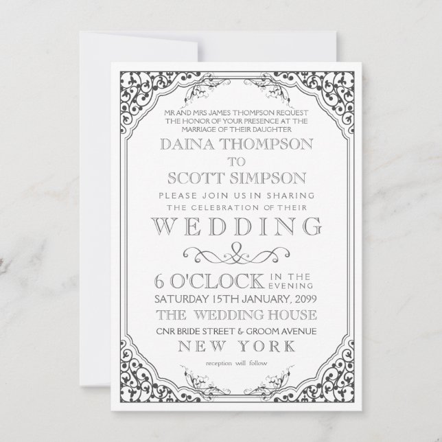Vintage Elegant Filigree Frame Border Wedding Invitation (Front)