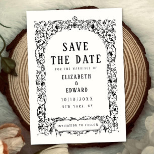 Vintage Elegant Floral Black Wedding Flat  Save The Date