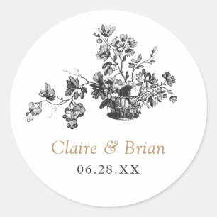 Vintage Elegant Floral Bouquet in a Basket Wedding Classic Round Sticker