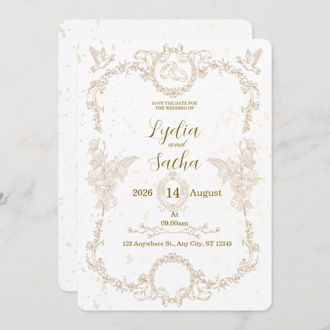 Vintage Elegant Floral Frame Wedding Invitation (Front/Back)