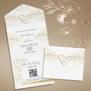 Vintage Elegant Floral Gold Heart Wedding  All In One Invitation