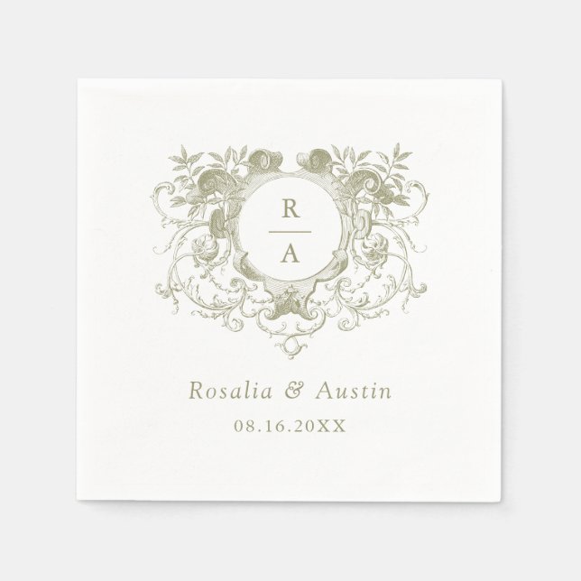 Vintage Elegant Floral Leafy Crest Wedding Napkins (Front)