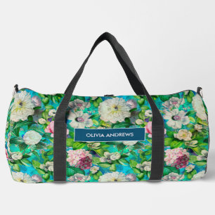 Vintage Elegant floral pink flowers blue monogram Duffle Bag
