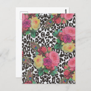 vintage elegant flowers cheetah peacock floral postcard