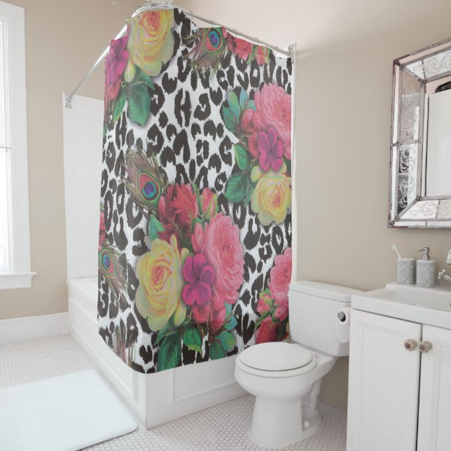 vintage elegant flowers cheetah shower curtain (In Situ)