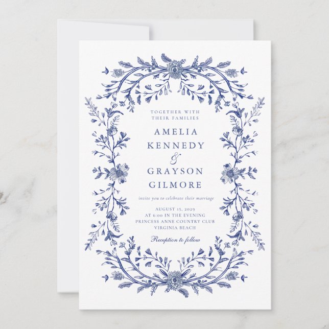 Vintage Elegant French Blue Floral Wedding  Invitation (Front)