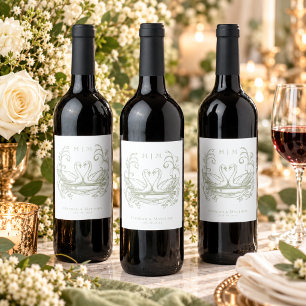 Vintage Elegant Green Swan Crest Garden Wedding Wine Label