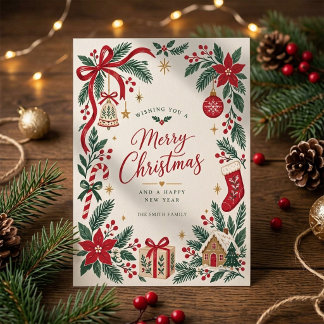 Vintage Elegant Hand Drawn Christmas Greeting Holiday Card