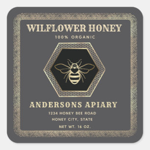 Vintage elegant hexagon bee honey jar square sticker