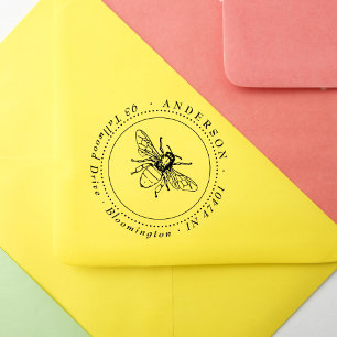 Vintage Elegant Honey Bee Round Return Address Rubber Stamp