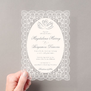 Vintage Elegant Ivory Cream Lace Swans Wedding Acrylic Invitations