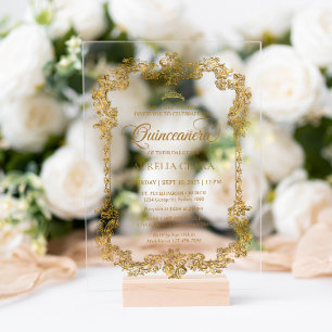 Vintage Elegant Ivory White Gold Tiara Quinceanera Acrylic Invitations