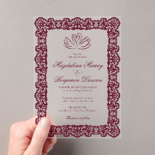 Vintage Elegant Lace Frame Burgundy Swans Wedding Acrylic Invitations