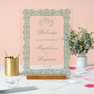 Vintage Elegant Lace Sage Green Swans Wedding Acrylic Sign