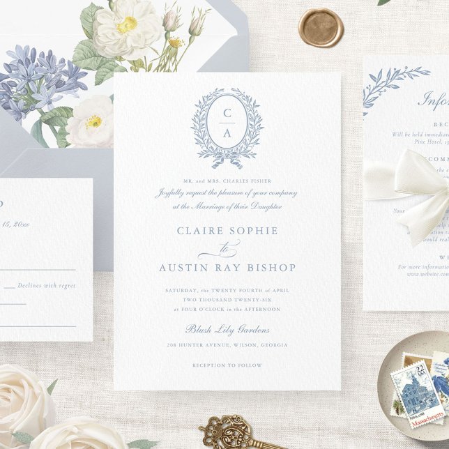 Vintage Elegant Leaf Wreath Monogram Crest Wedding Invitation (Creator Uploaded)