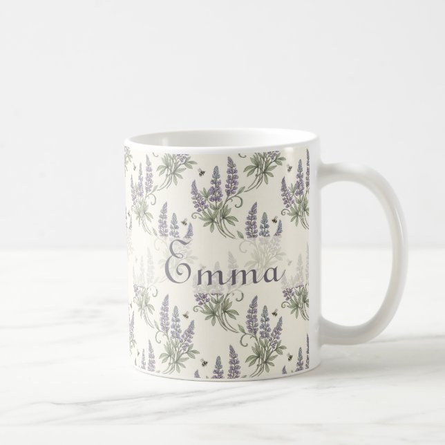 Vintage Elegant Lupine & Bees Botanical Pattern –  Coffee Mug (Right)