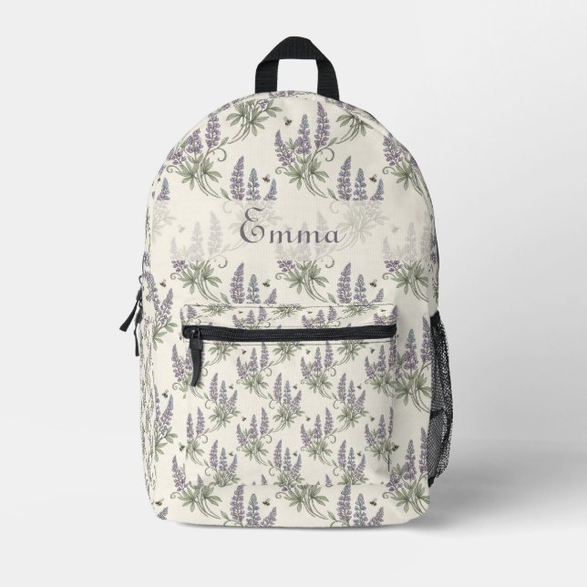 Vintage Elegant Lupine & Bees Botanical Pattern –  Printed Backpack (Front)