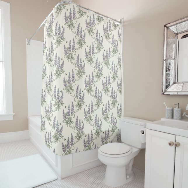 Vintage Elegant Lupine & Bees Botanical Pattern –  Shower Curtain (In Situ)