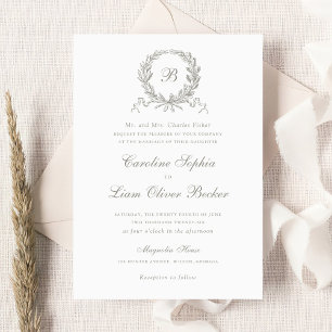 Vintage Elegant Olive Oak Wreath Monogram Wedding Invitation
