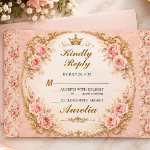 Vintage Elegant Pink Gold Quinceañera 15th RSVP Card