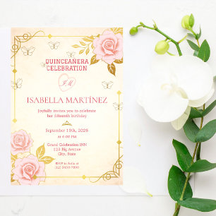 Vintage Elegant Pink Gold Quinceanera Birthday Invitation