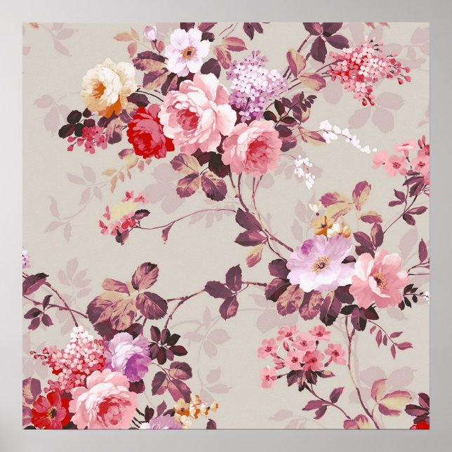 Vintage Elegant Pink Red Purple Roses Pattern Poster (Front)