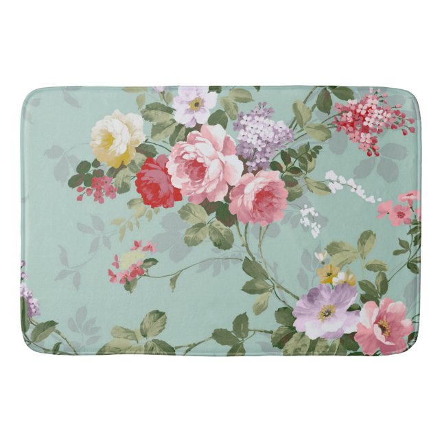 Vintage Elegant Pink Red Roses Pattern Bath Mat (Front)