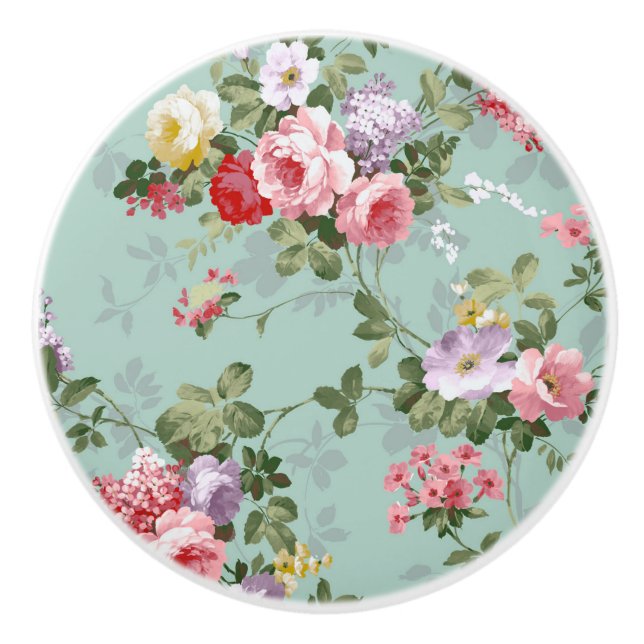 Vintage Elegant Pink Red Roses Pattern Ceramic Knob (Front)