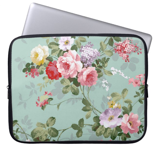 Vintage Elegant Pink Red Roses Pattern Laptop Sleeve (Front)