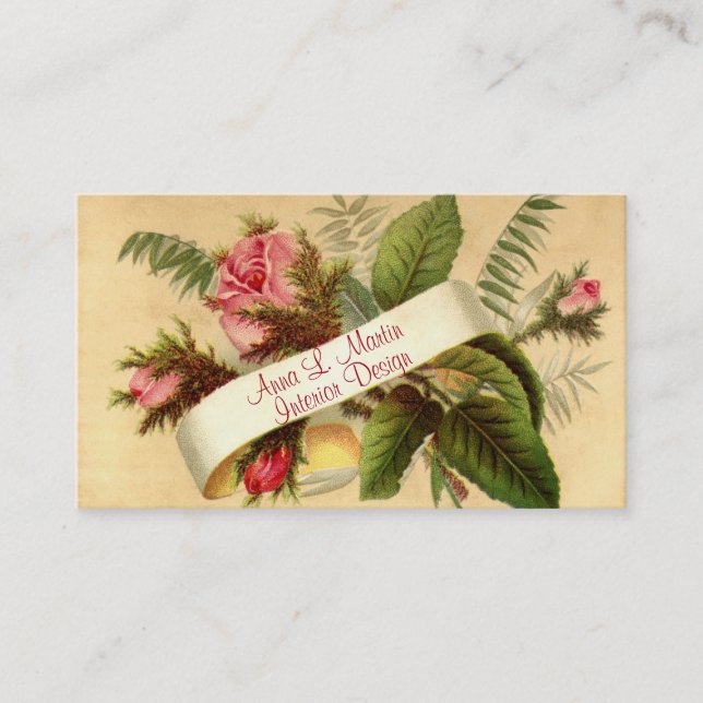 Vintage, Elegant Pink Roses, French Country Business Card (Front)