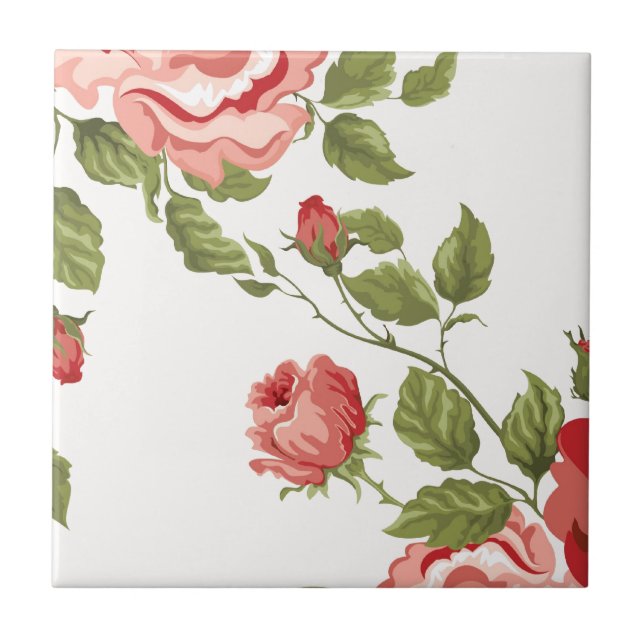 Vintage Elegant Pretty Pink Red Roses Pattern Tile (Front)