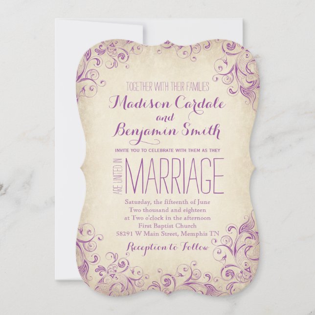 Vintage Elegant Purple Flourish Wedding Invitation (Front)