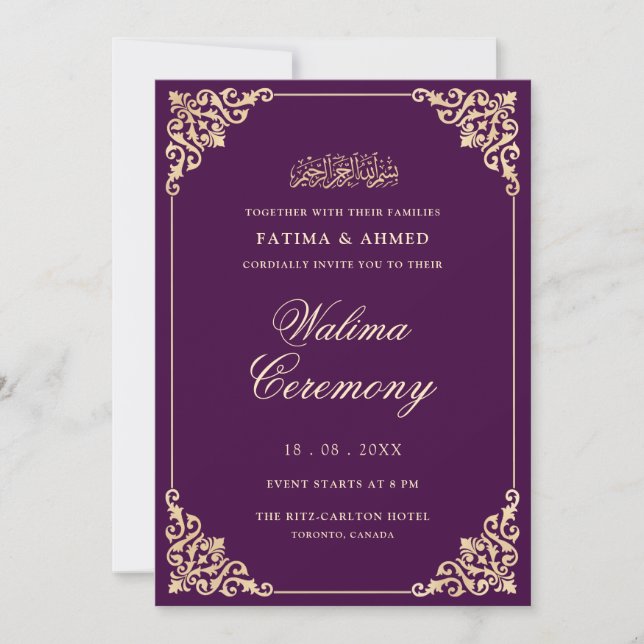 Vintage Elegant Purple Gold Script Walima Ceremony Invitation (Front)
