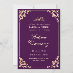 Vintage Elegant Purple Gold Script Walima Ceremony Invitation