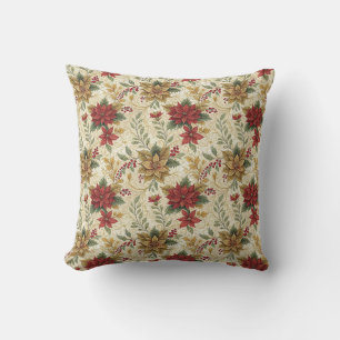 Vintage Elegant Red & Gold Poinsettia Floral Cushion
