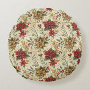 Vintage Elegant Red & Gold Poinsettia Floral Round Cushion