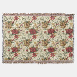 Vintage Elegant Red & Gold Poinsettia Floral Throw Blanket