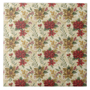 Vintage Elegant Red & Gold Poinsettia Floral Tile