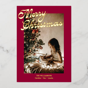 Vintage Elegant Red Script Christmas Photo Gold