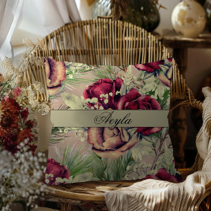 Vintage Elegant Roses And Pine On Wood Cushion