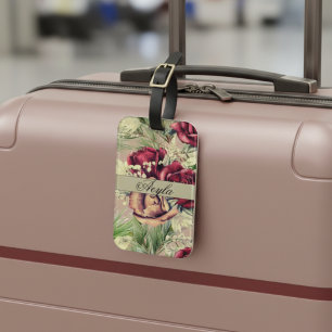 Vintage Elegant Roses And Pine On Wood  Luggage Tag