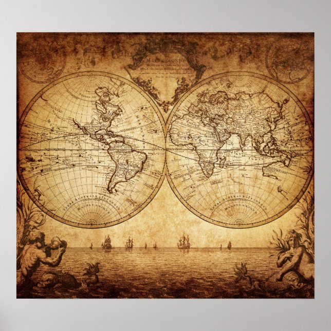 Vintage elegant rustic brownish world map poster (Front)