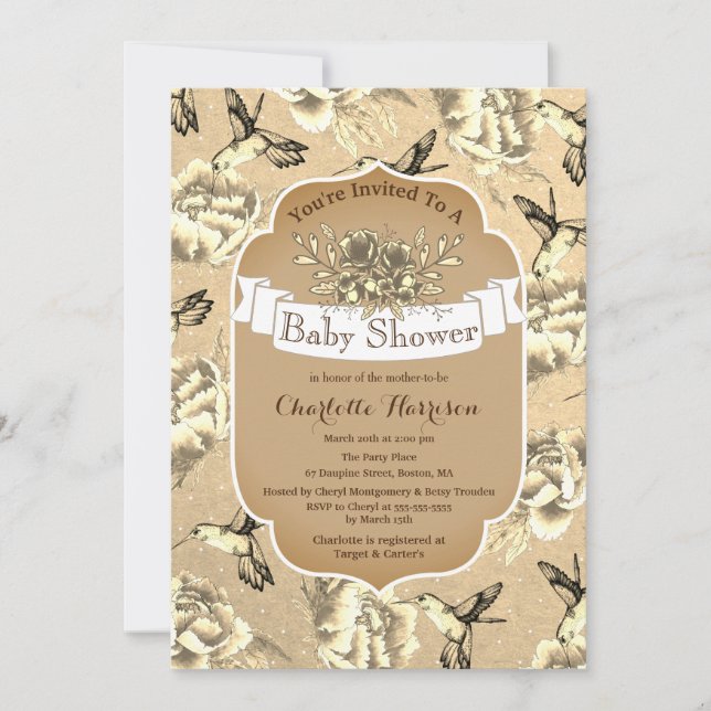 Vintage Elegant Sepia Floral & Hummingbirds Invitation (Front)